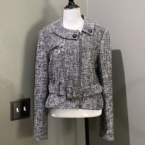 MAC & JAC Belted tweed Moto jacket in black and white